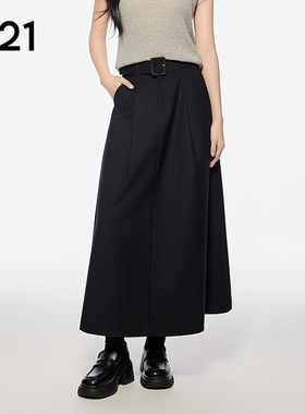 A21女装黑色伞型半身裙简约长裙宽松显瘦系带A字裙气质中长款