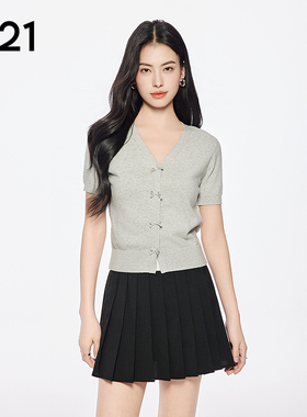 A21女装灰色暗扣开衫V领短袖毛针织衫学院风短款上衣宽松百搭显瘦