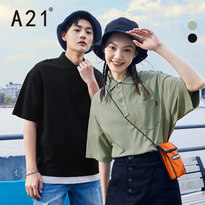 A21夏季2021新款男装宽松复古男生情侣短袖T恤假两件新疆棉POLO衫