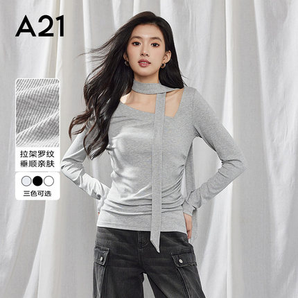 A21女装三色可选斜领T恤韩版薄款修身显瘦短袖纯色套头上衣