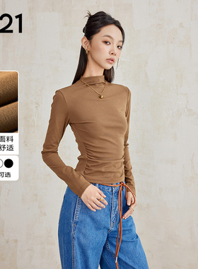 A21女装针织修身显瘦半高领套头长袖T恤纯色打底衫时尚内搭上衣