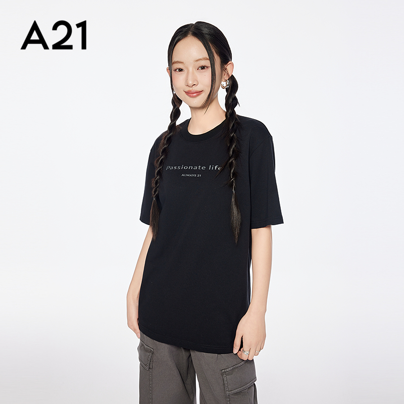 A21女装四色可选字母中长款棉T恤简约圆领落肩袖上衣