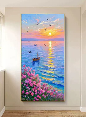 莫奈临摹大师纯手绘油画立体肌理挂画大海飞鸟客厅玄关餐厅装饰画