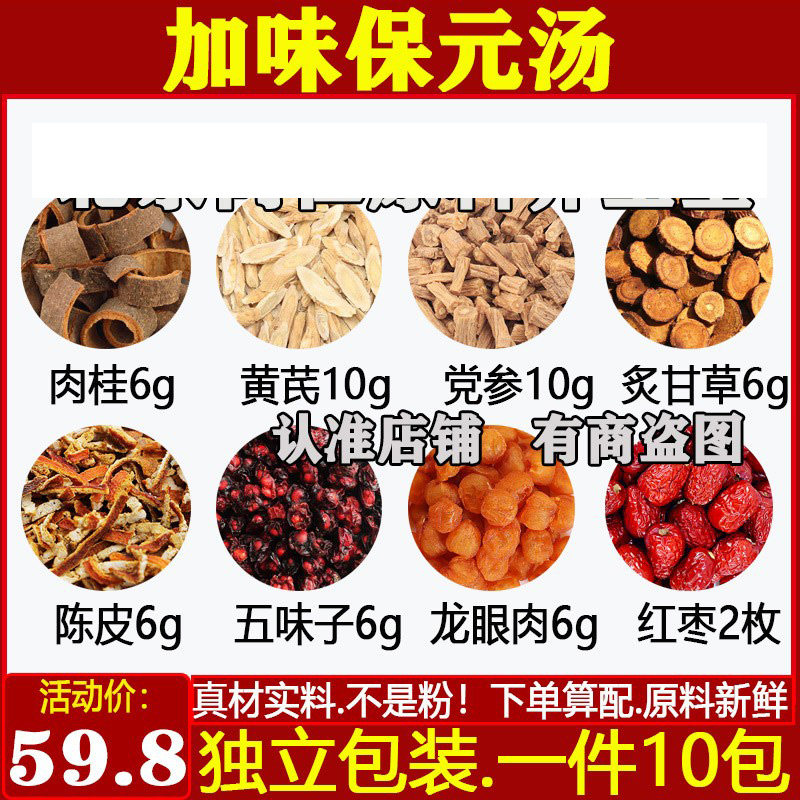 加味保元汤中药材肉桂黄芪党参炙甘草陈皮五味子桂圆红枣原料组合