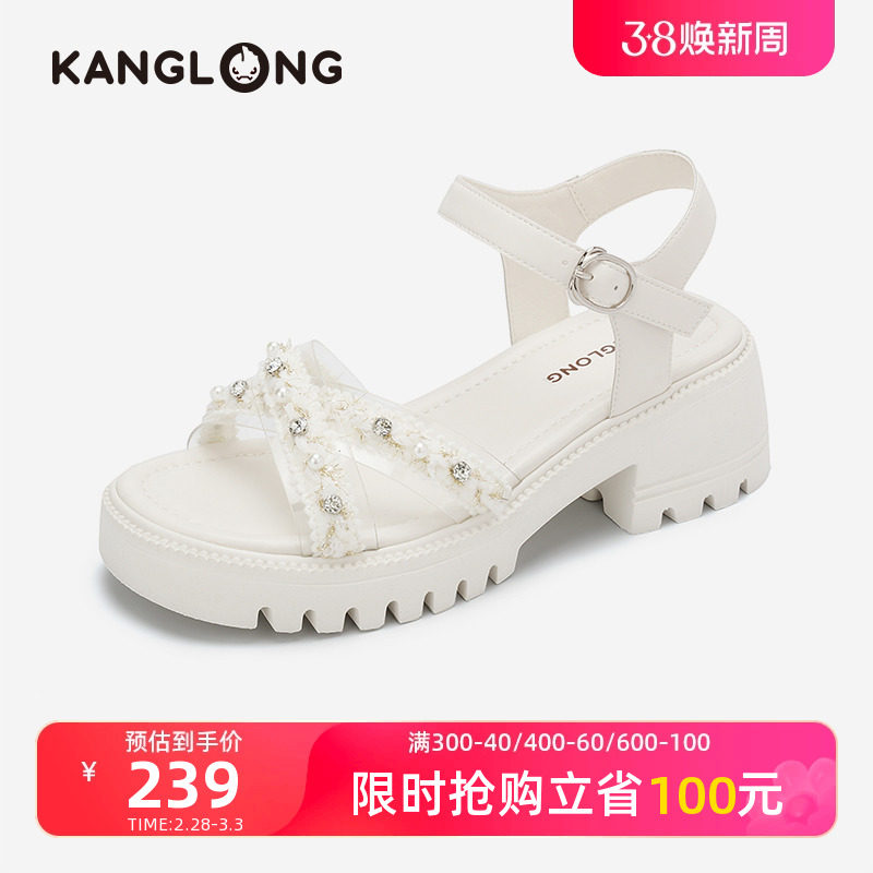 【门店发货】康龙女鞋 夏季新款小香风一字带凉鞋厚底显腿长