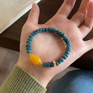 新中式复古民族简约玉髓算盘珠手串天然鸡油黄玛瑙路路通手链