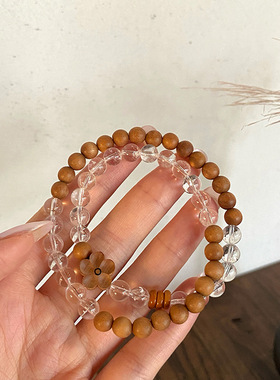 新中式文艺复古天然白水晶+芭比檀木珠双圈手链桃花有钱花手串女