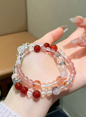 新中式复古樱桃红多宝天然白水晶双圈手链轻奢红胶花草莓晶手链