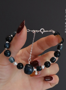 天然蓝虎眼石手串女高货木变石闪电纹简约百搭情侣手链男高级感