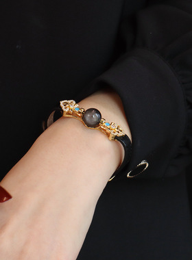 保色18K金电镀手表天然水晶珠手饰品皮绳手和田玉海蓝宝黑耀石