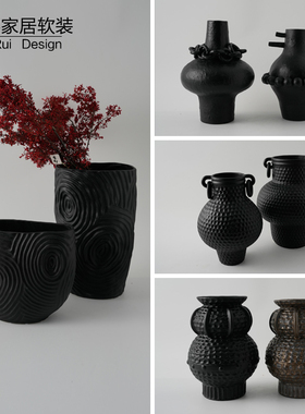 现代陶瓷客厅黑色花器装饰品高档