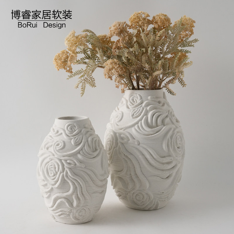 现代简约3D打印陶瓷浮雕玫瑰花纹花瓶摆件家居装饰品艺术插干花器
