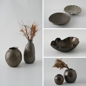 新中式 饰品插花器 金属釉陶瓷果盘花瓶摆件样板房酒店民宿茶室软装