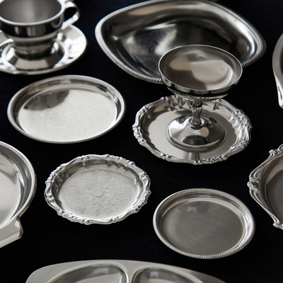 意大利MOTTA 进口不锈钢银色欧式巴洛克甜品餐盘咖啡杯椭圆形托盘