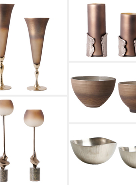 印度进口铝制底座香槟色高脚花器水波纹雕花玻璃碗居家艺术装饰品