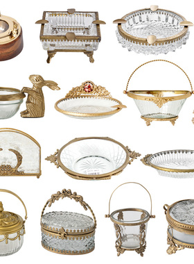 进口黄铜兔子果盘雕花餐巾架复古烟灰缸饰品架玻璃罐蜡烛杯装饰品