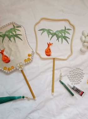 自制蚕丝扇子手工DIY 制作材料包蚕丝扇骨架框蚕宝宝古风拍照刺绣