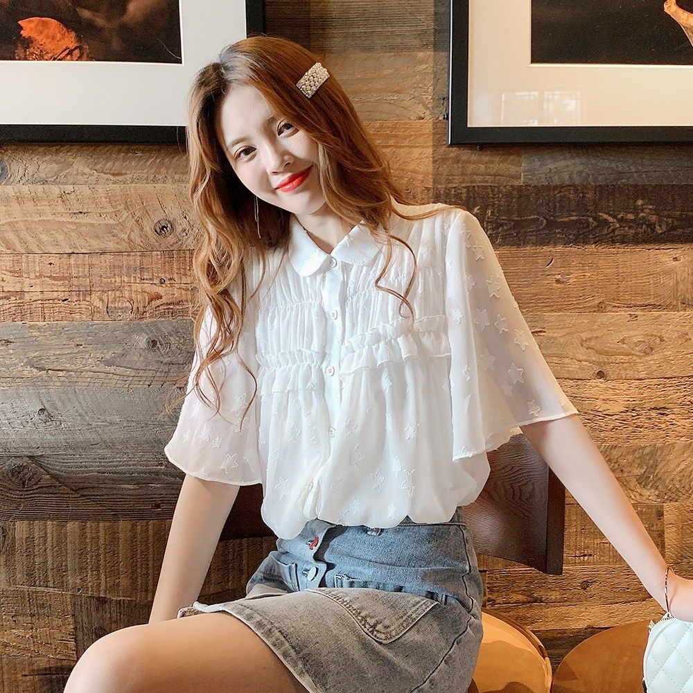 白衬衫女韩版设计感小众荷叶边短袖2019新款夏木耳娃娃领宽松衬衣