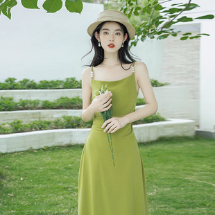 海边度假风长裙夏日穿搭裙子 法式 绿色吊带连衣裙女装 夏季 2025新款