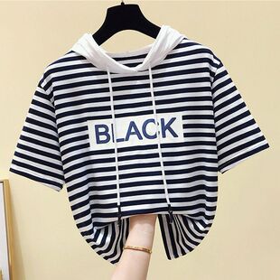 2025新款休闲百搭宽松短袖T恤中大女童条纹上衣夏季新款连帽卫衣