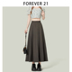 Forever 21新款垂感a字黑色西装百褶裙女高腰气质深色中长款裙子