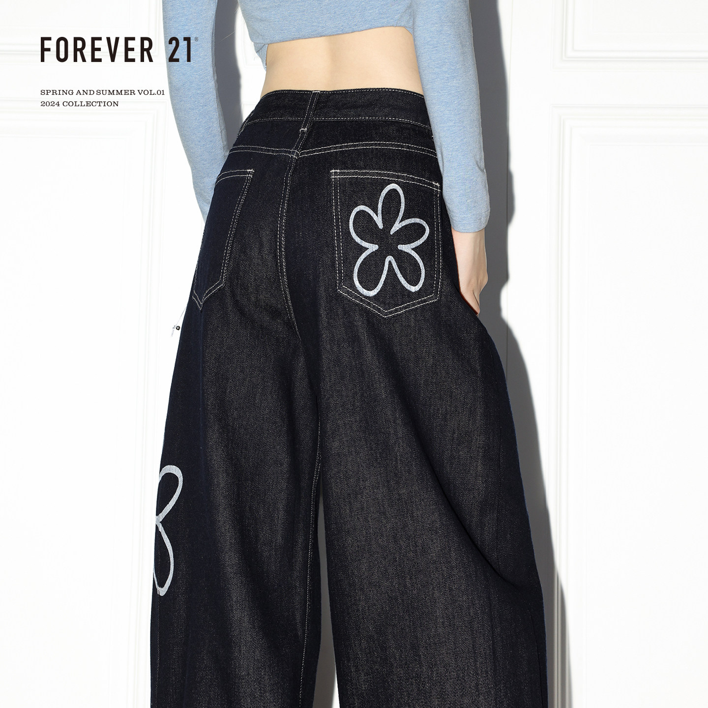 thumbnail for Forever 21 Super Fire Dark Blue Loose Scimitar Jeans Women's Niche Flower Print High-Waist Floor-length Wide-leg Pants