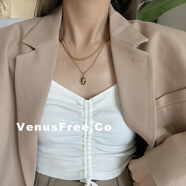 2入不掉色韩国博主挚爱复古椭圆人头项链毛衣链粗麻花叠戴法式ins