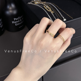 多环一体 法式18k镀金不褪色多层光面麻花细戒指叠戴日常简约