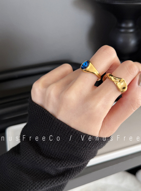 法式18k镀金异形扭扭加厚戒指质感深蓝宝石椭圆戒指单叠戴欧美ins