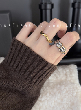 法式异形18k镀金设计感双层银色金环扭扭加粗金色戒指单叠戴简约