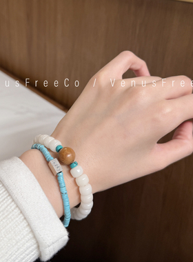 手工定制天然白菩提蓝绿松石925纯银lucky牌幸运水晶宝石手串手链