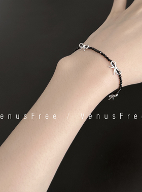 超闪精致!韩国925纯银芭蕾系列蝴蝶结小颗闪黑水晶细手链手串甜酷