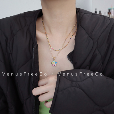 18k镀金钛钢链条小花彩色项链