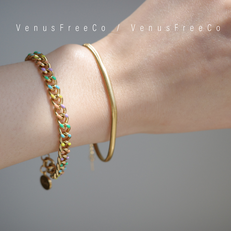 正反两戴18k镀金彩色滴油lucky链条手链百搭蛇骨链简约日常叠戴