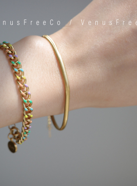 正反两戴18k镀金彩色滴油lucky链条手链百搭蛇骨链简约日常叠戴