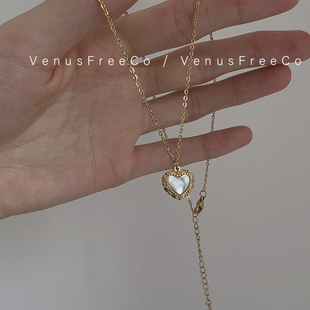 VenusFreeCo韩国复古18k镀金不褪色爱心美式锁骨链项链欧美精致