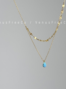 一颗发光蓝宝 18k镀金双层闪闪宝石锁骨链项链日常精致简约高及感