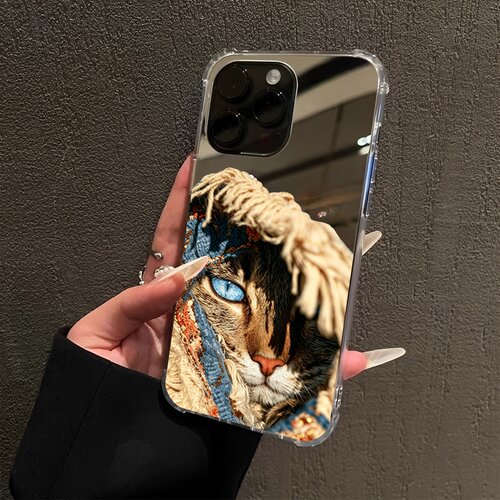 个性小猫蓝宝石眼睛适用iPhone18promax手机壳16小猫咪15Pro苹果14小众xr补妆12pro少女13创意17镜面7软8plus