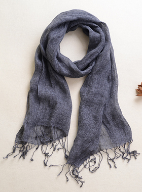 法国亚麻围巾男士个性文艺百搭素色丝巾棉麻深灰色围巾女旅游披肩