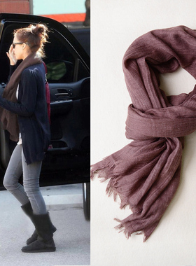 咖色围巾女秋冬韩版文艺丝巾深咖啡棉麻围巾卡其驼色焦糖色围脖