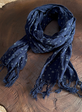 窄小秋冬棉麻围巾文艺褶皱新款小碎花围巾薄款日系护颈个性丝巾女