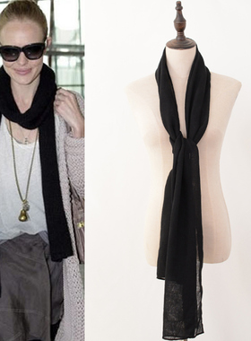 长条细窄小围巾女夏季春秋薄款丝巾棉麻百搭护颈椎围脖黑色