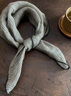 日系复古条纹亚麻小方巾丝巾系脖夏季领巾百搭丝带颈巾围巾装饰
