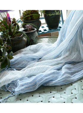 夏季蓝白色亚麻围巾女春秋薄款肌理棉麻围巾苎麻条纹窄款浅蓝白色