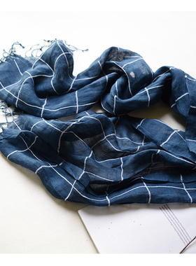 高档日系大格子亚麻围巾女春秋季纯苎麻米白色藏蓝色围巾棉麻文艺