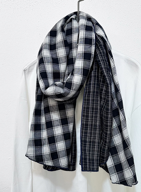 黑白格子文艺纯棉格子围巾女学生春秋冬季双面薄款护颈保暖长围脖