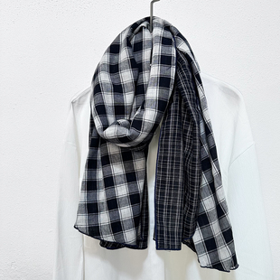 黑白格子文艺纯棉格子围巾女学生春秋冬季双面薄款护颈保暖长围脖