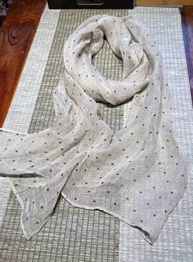 日系纯亚麻原色百搭波点圆点印花围巾透气薄款休闲文艺个性围巾