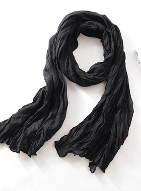 2023新款夏季长条小围巾纯棉褶皱装饰护颈小围脖薄款春秋围巾棉麻