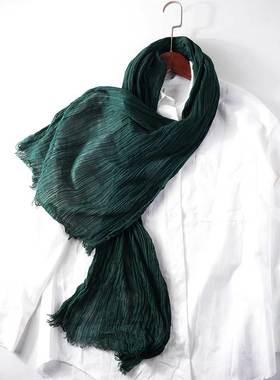 围巾女秋冬纯色肌理棉麻围巾韩版文艺质感褶皱百搭棉麻长款披肩女